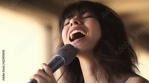 A woman sings in karaoke. Vocal lessons. Emotional performance of songs. A beautiful girl performs songs with a pair of jazz and ballads. Musical karaoke club. Generative AI.