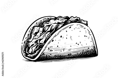 Hand drawn ink sketch of taco. Traditional mexican fast food illustration. Vector drawing.
