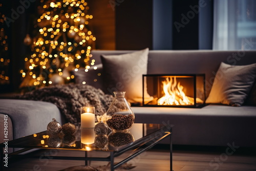 Christmas decorated evening cozy room design ,kamin and candle blurred light near sofa on front windows view on city