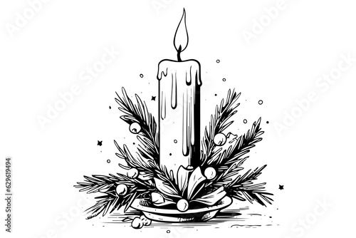 Thick christmas candles burning. Hand drawn sketch engraving style vector illustration.