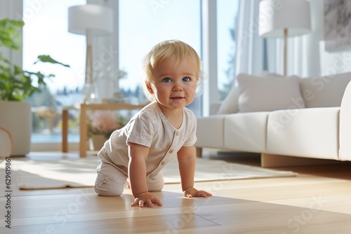 cute blond blue-eyed baby in white clothes crawls on the floor in a bright modern living room interior