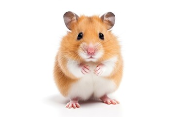 Little cute isolated small hamster sitting on white background. Closeup shot