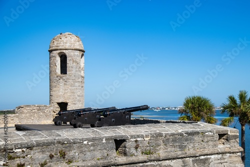 Antique cannon perched atop a rocky outcropping in Castillo De San Marcos, St. Augustine, FL.