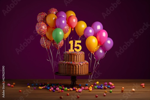 Birthday chocolate cake on a 15 years decorated with topper number fifteen on a purple background with colorful balloons. Generative AI