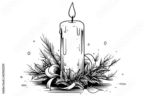 Thick christmas candles burning. Hand drawn sketch engraving style vector illustration.