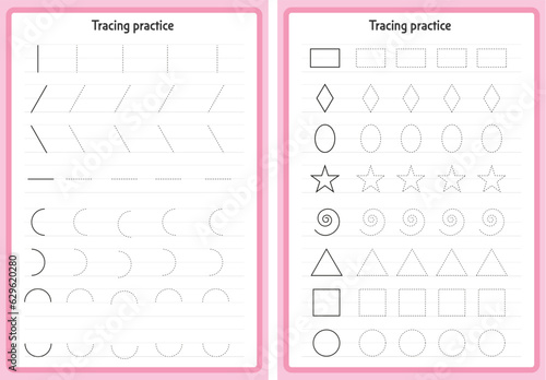 Basic Tracing for kids. Preschool tracing worksheet for handwriting motor skills. Dashed shapes to trace. Hand-eye Coordination motor skills for children.