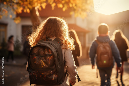 Children with backpacks, back to school, subtle glare of golden hour, bokeh. studying is fun. school learning. AI generated illustration