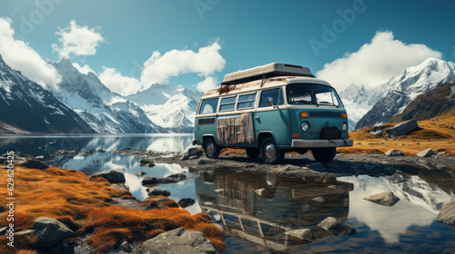 Slika na platnu Retro, old campervan among the high mountains by the river.