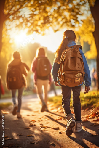 Children with backpacks, back to school, subtle glare of golden hour, bokeh. studying is fun. school learning. AI generated illustration © Enrique