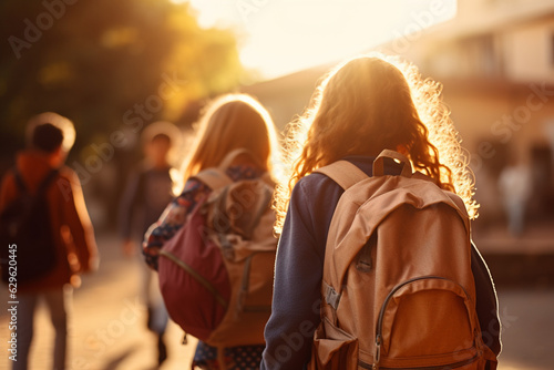 Children with backpacks  back to school  subtle glare of golden hour  bokeh. studying is fun. school learning. AI generated illustration
