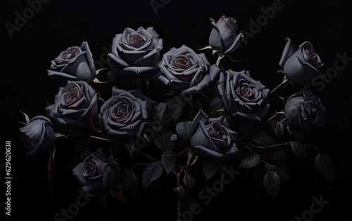 black roses forming a straight border on a solid black background photo
