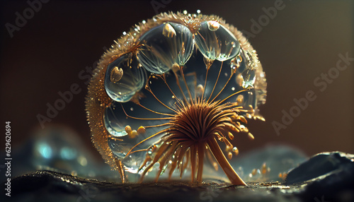 Beautiful shiny dew water drops on a dandelion seed, macro photography, selective focus, Ai generated image