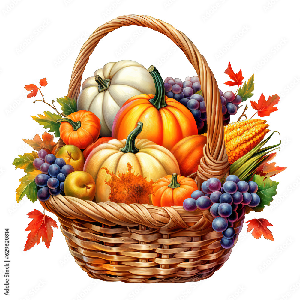 Thanksgiving Basket Decorations with Fruits, Pumpkins and Autumn Leaves Watercolor Clipart on Transparent Background. Thanksgiving Basket Decorations with Fruits, Pumpkins and Autumn Leaves Watercolor Clipart on Transparent Background.