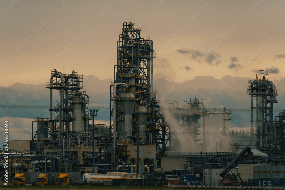 Sprawling industrial factory, featuring a number of large pipes and smoke stacks Sprawling industrial factory, featuring a number of large pipes and smoke stacks
