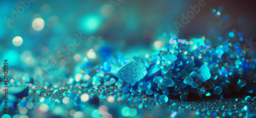Shiny blue glitter in abstract defocused background, macro, generated ai