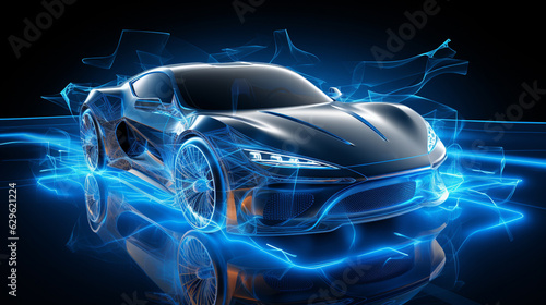 Speeding Sports Car On Neon Highway. Powerful acceleration of a supercar on a night track with colorful lights and trails. 3d render