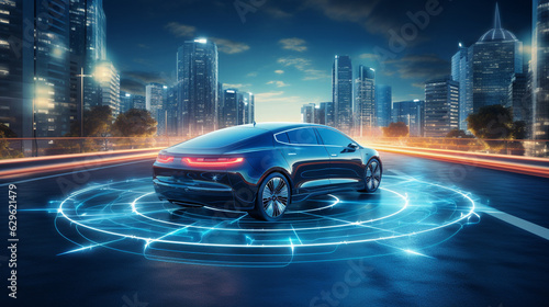 Autonomous self driving electric car change the lane and overtakes city vehicle