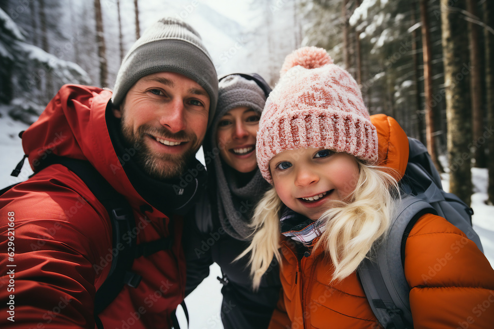 Generative AI picture of amazing young family three members traveling together mom dad son daughter hiking winter woods Generative AI picture of amazing young family three members traveling together mom dad son daughter hiking winter woods