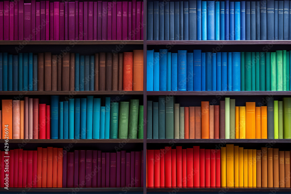 Fototapeta premium Generative ai collage colorful banner poster of big large bookcase with many book in house interior