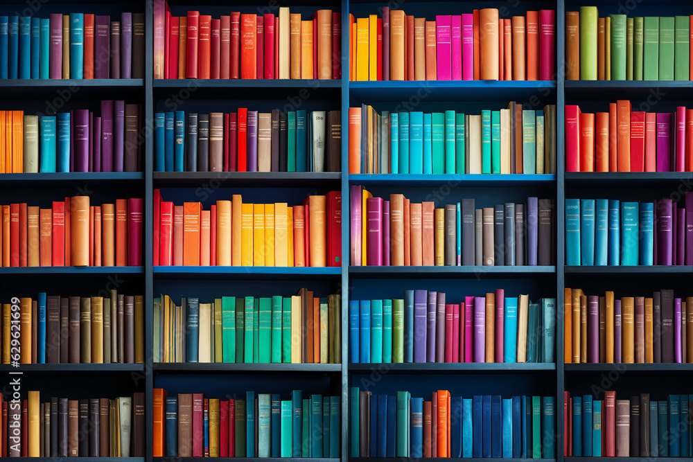 Generative ai collage banner poster of big large bookcase with many book in house interior Generative ai collage banner poster of big large bookcase with many book in house interior