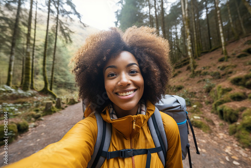 Generative AI picture image of wanderer person in touristic gear enjoying breathtaking forest hiking making shooting selfies