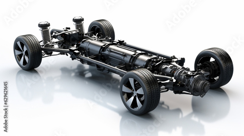 Car chassis with engine. Image of car chassis with engine isolated on white. 3d rendering photo