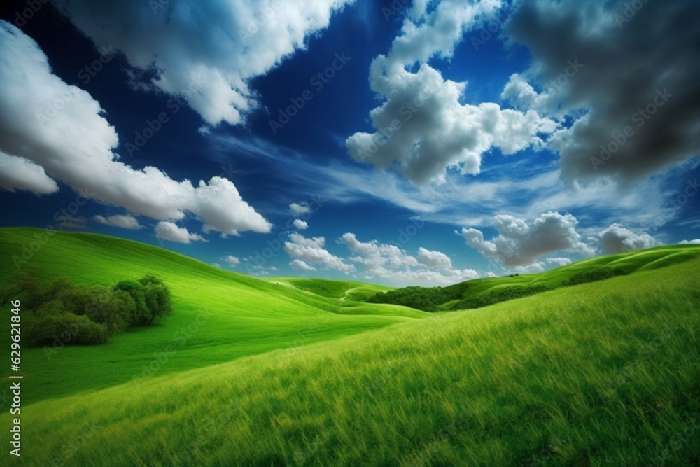 Beautiful field nature landscape background with blooming glade, trees, hills and blue sky, generative ai