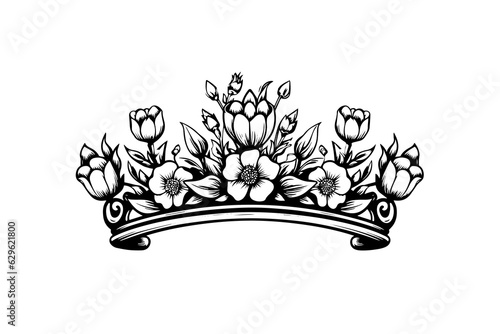 Hand drawn flower crown ink sketch. Vintage engraved vector illustration.