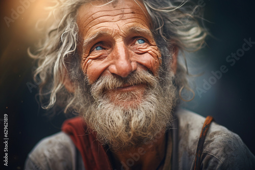 Foto Generative ai collage portrait of old middle aged man beggar look up dream hopin