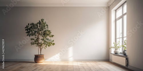 Empty room interior background with beige wall and pot with one plant, bright light style, generated ai