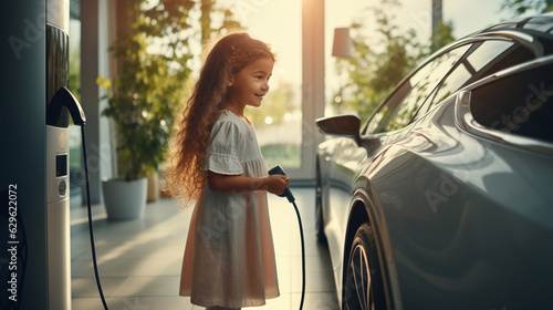 Fotografering Progressive father and daughter plugs EV charger from home charging station to electric vehicle