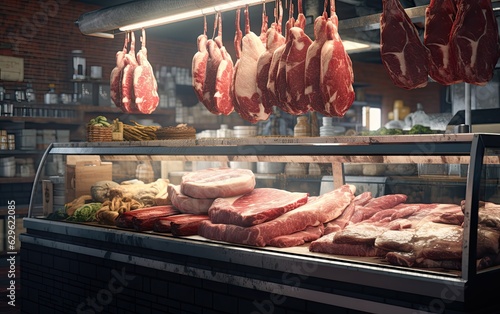 counter with meat in the market, different types of meat
