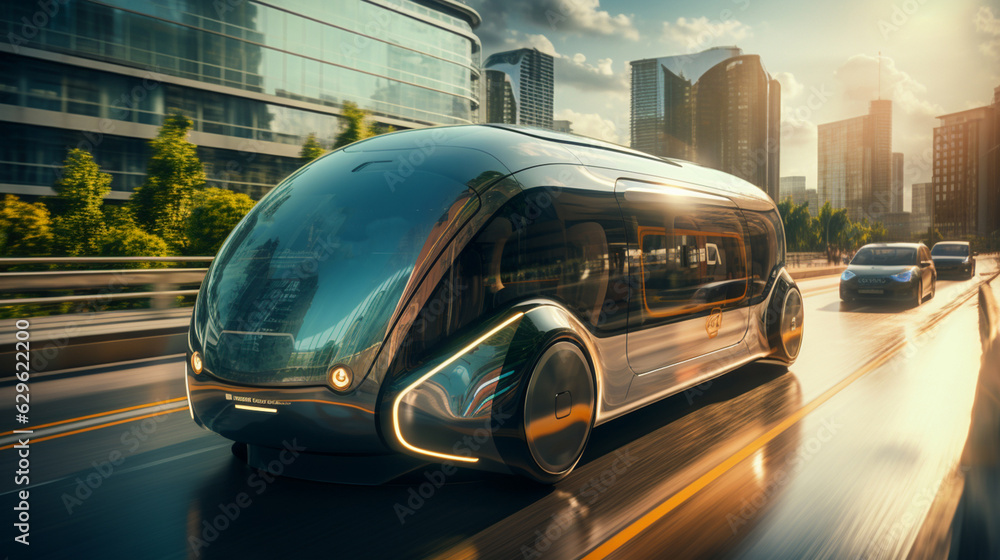 Self-driving shuttle bus waiting at bus station. The bus station equipped with solar panels for electric power. 3D rendering image. Self-driving shuttle bus waiting at bus station. The bus station equipped with solar panels for electric power. 3D rendering image.
