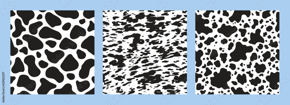 Cow print seamless pattern. Black and white animal print, collection of repeat designs.