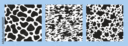 Cow print seamless pattern. Black and white animal print, collection of repeat designs.