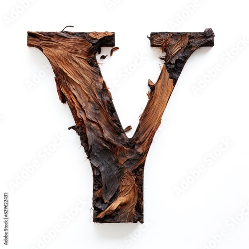 letter Y made of old oak  burnt oak  many cracks  white background