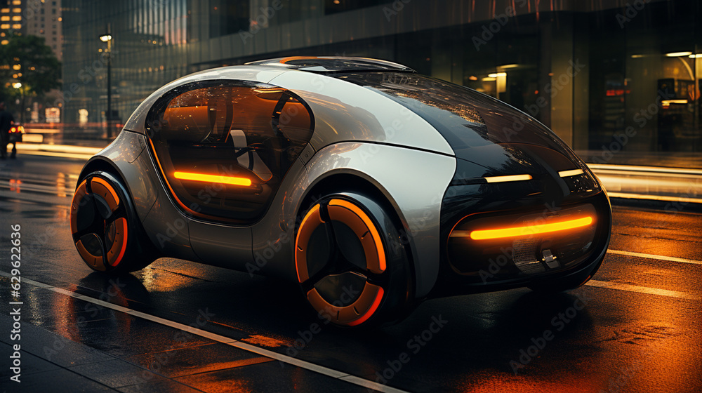 Futuristic electric car very fast driving on highway. Futuristic city concept. 3d rendering. 3D Illustration