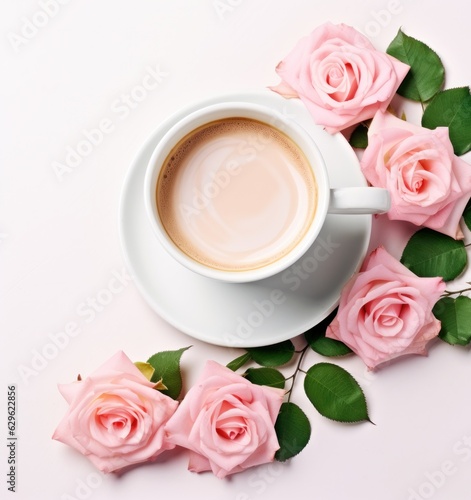 Coffee cup with roses flowers