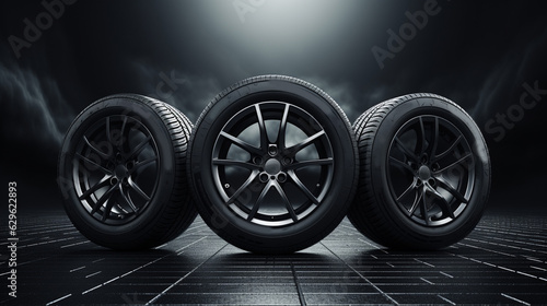 Car Wheels. Concept design. 3D render Illustration on Dark Background.