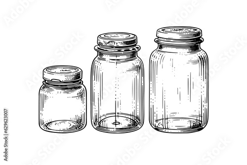 Empty glass jars ink sketch. Vector vintage black engraving illustration.