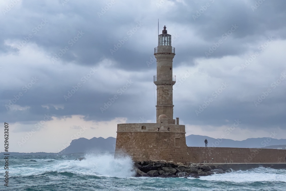 Lighthouse of Chania on a stormy day in Crete, Greece
