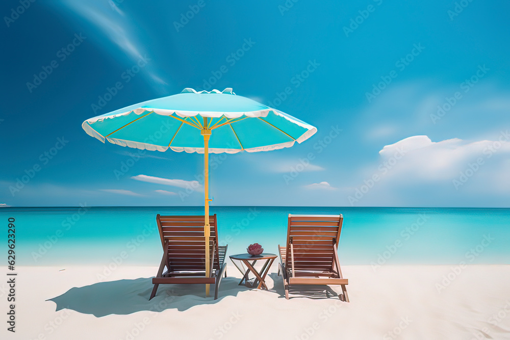 Chairs and umbrellas on the beach. AI technology generated image