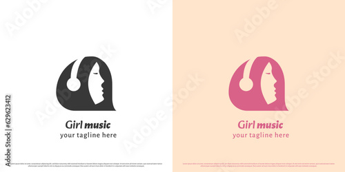 Girl music logo design illustration. Creative abstract silhouette concept of female shadow listening to symphony song music using headphones. Modern mascot flat simple flat lifestyle people icon.