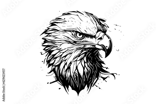Eagle head logotype mascot in engraving style. Vector illustration of sign or mark.