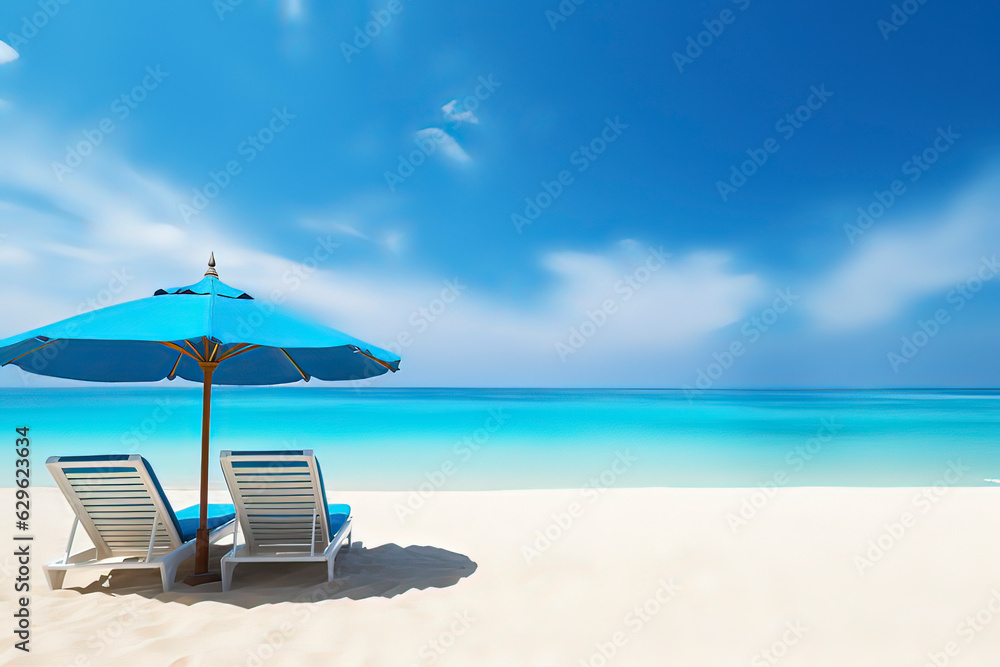 Chairs and umbrellas on the beach. AI technology generated image
