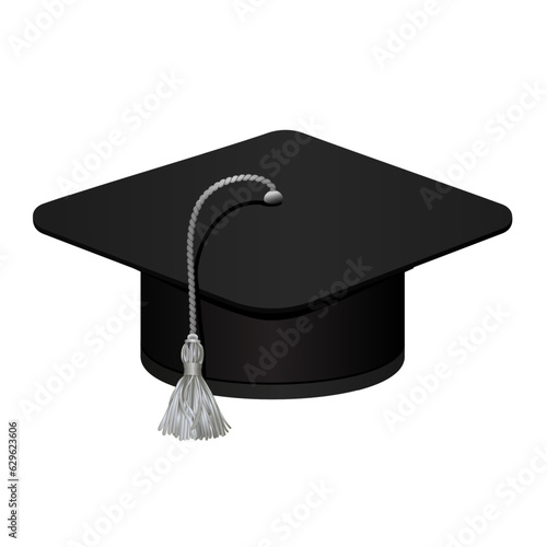 black felt student square graduate cap decorated with a silver tassel