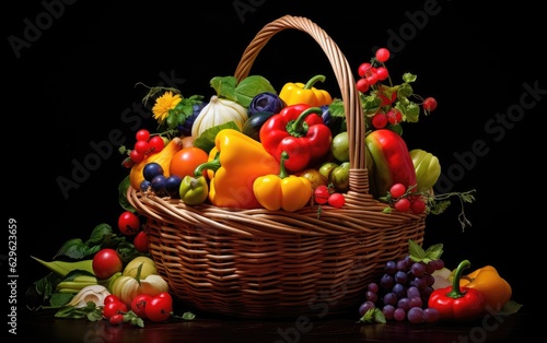 colorful fruits and vegetables in a wicker basket