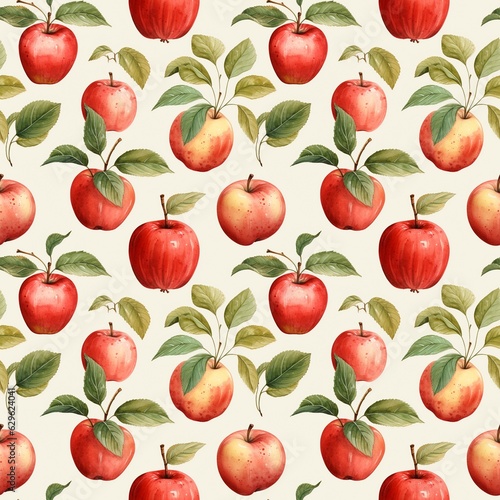 seamless pattern watercolor red apples with leaves in vintage style. generated ai
