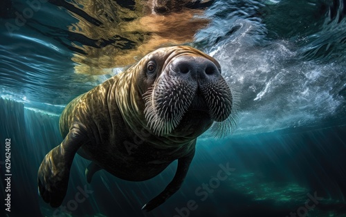 under water nature photography of a exotic walrus swimming underwater