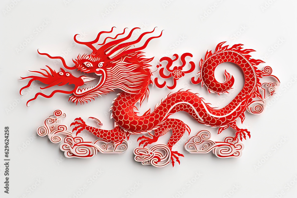 Chinese dragon with Paper Cuttings style on white background. AI technology generated image Chinese dragon with Paper Cuttings style on white background. AI technology generated image